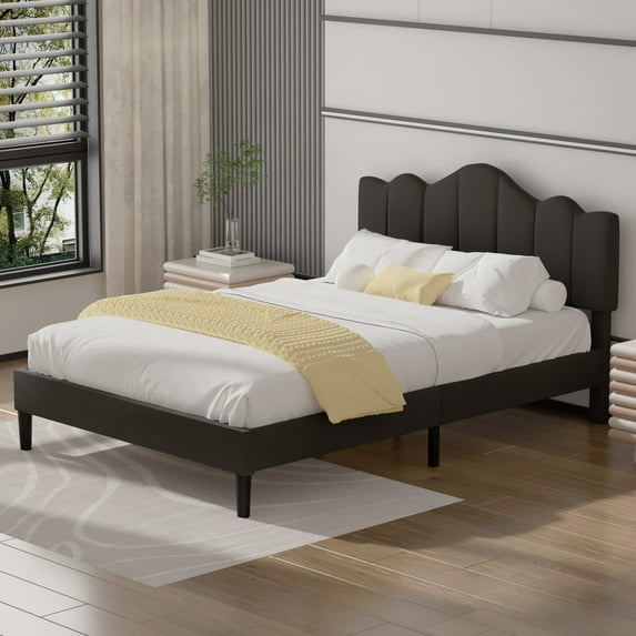 VECELO Queen Size Upholstered Platform Bed Frame with Adjustable Headboard, No Box Spring Needed, Easy Assembly, Dark Gray