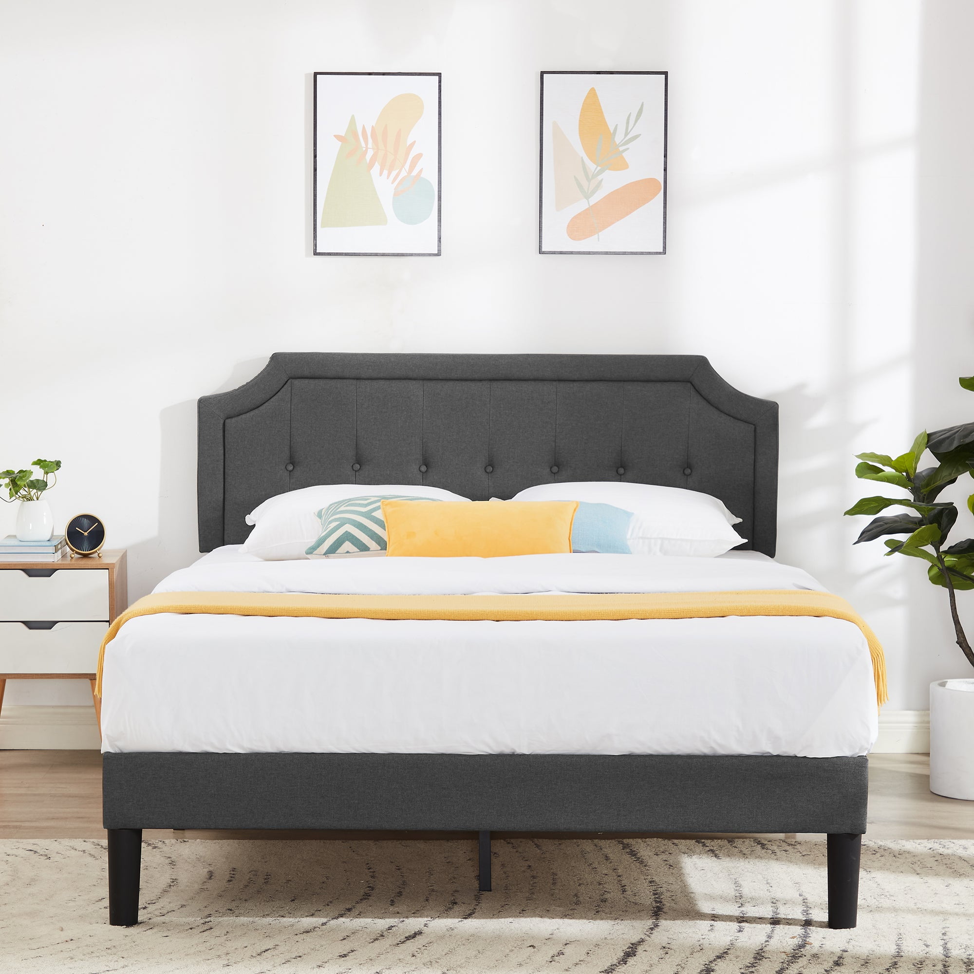 VECELO Queen Size Upholstered Platform Bed with Adjustable Headboard ...
