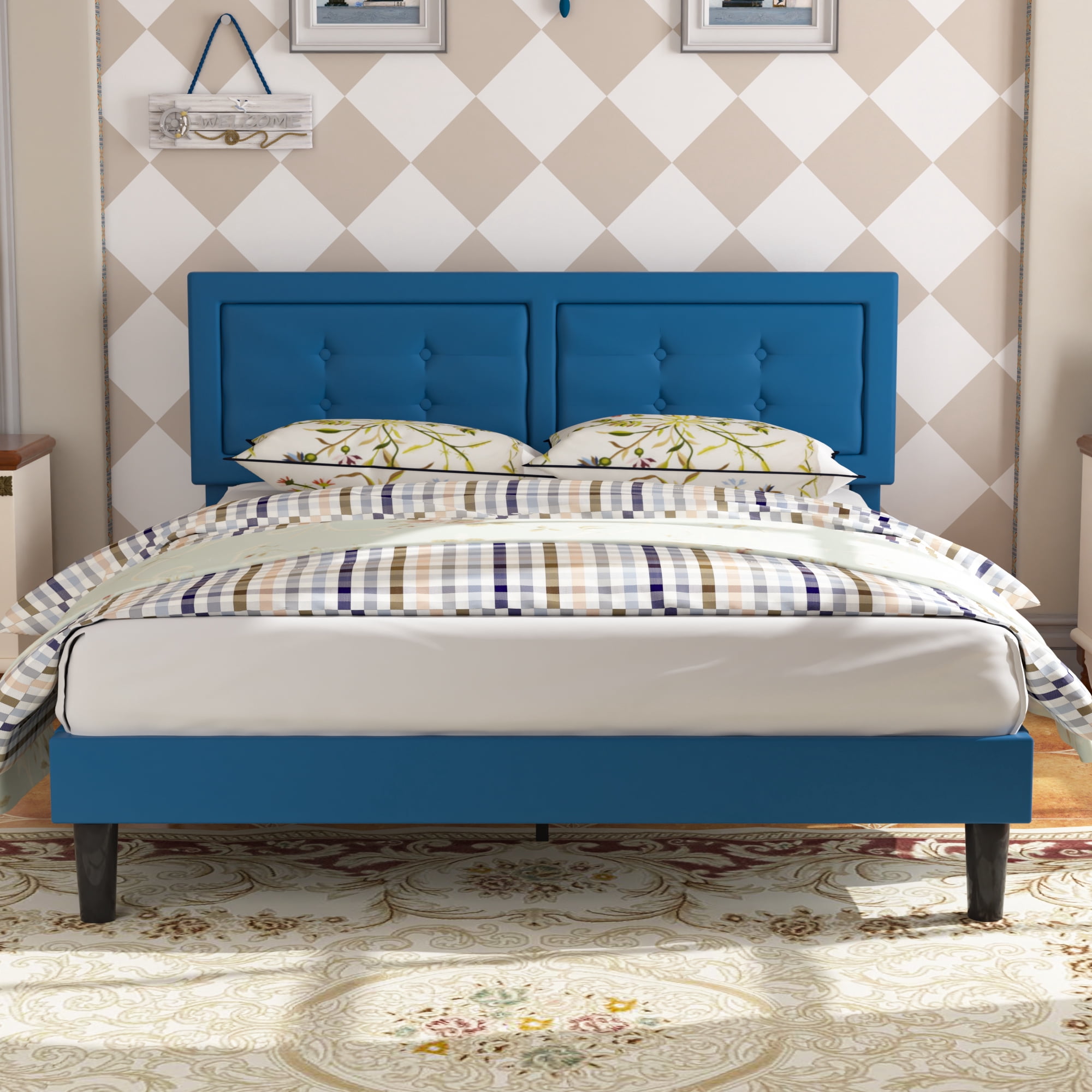 VECELO Queen Size Upholstered Platform Bed with Height Adjustable ...