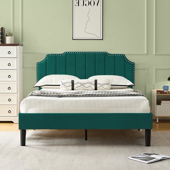 VECELO Queen Upholstered Platform Bed Frame, Height Adjustable Nailhead Trim Headboard, Easy Assembly/No Box Spring Required, Dark Green