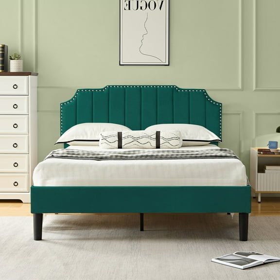 VECELO Queen Upholstered Platform Bed Frame, Height Adjustable Nailhead Trim Headboard, Easy Assembly/No Box Spring Required, Dark Green