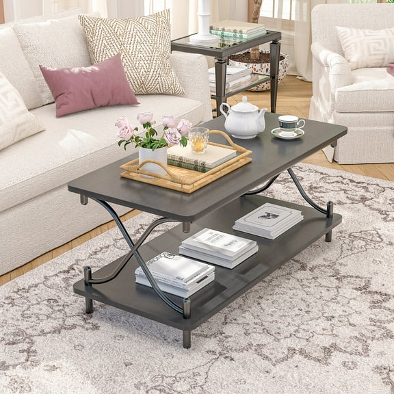 VECELO Rectangle Coffee Table with Storage Shelf, Modern X-Design Side Metal Frame for Living Room Office, Black