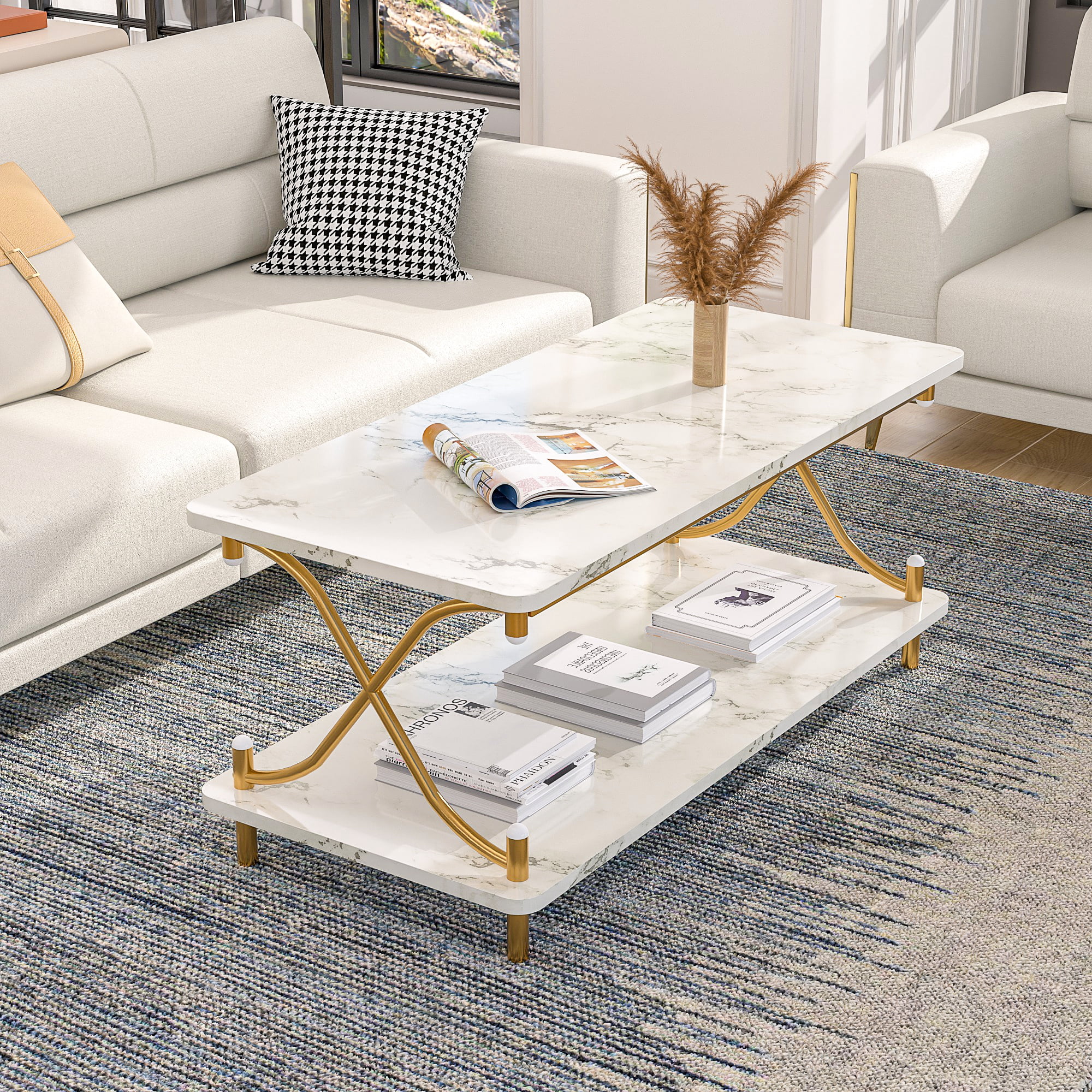 VECELO Rectangle Coffee Table with Storage Shelf, Modern X-Design Side Metal Frame for Living Room Office, White & Gold