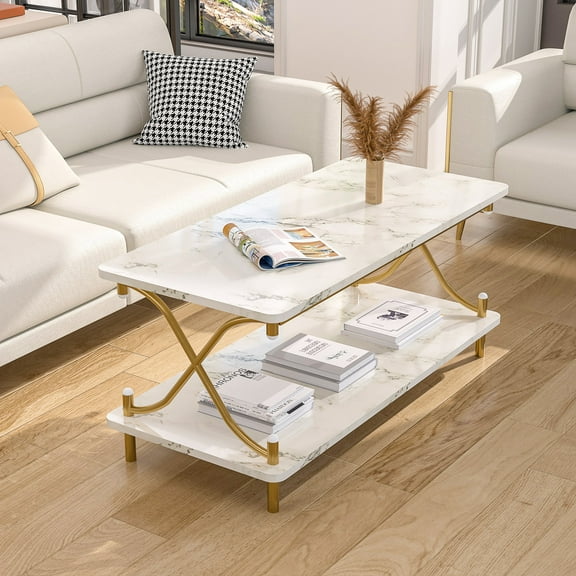 VECELO Rectangle Coffee Table with Storage Shelf, Modern X-Design Side Metal Frame for Living Room Office, White & Gold