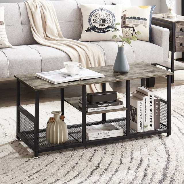VECELO Industrial Style Coffee Table with Storage Shelf, Metal Frame ...