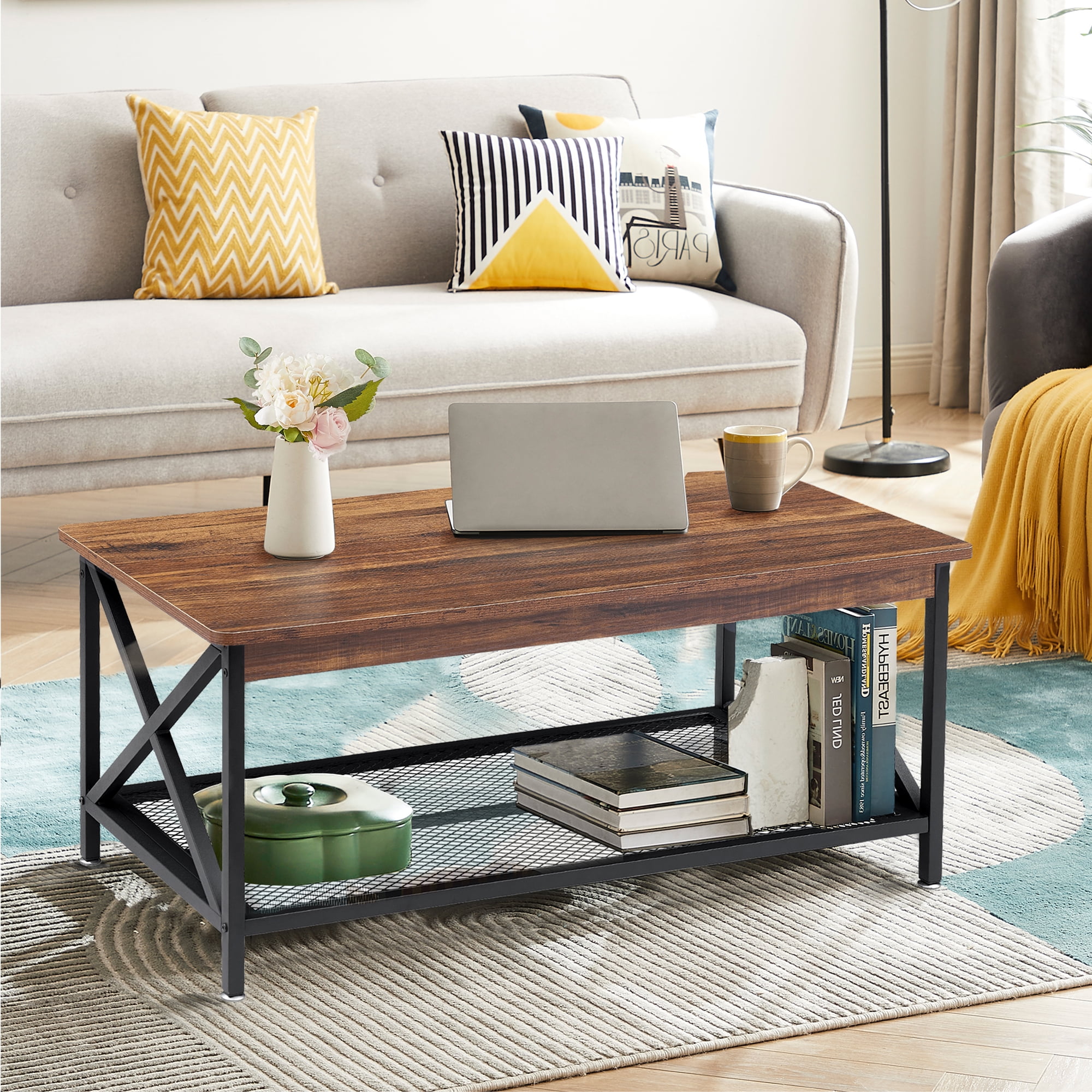 VECELO Rectangle Wood Coffee Table, Industrial Home Tea Table Desk with ...
