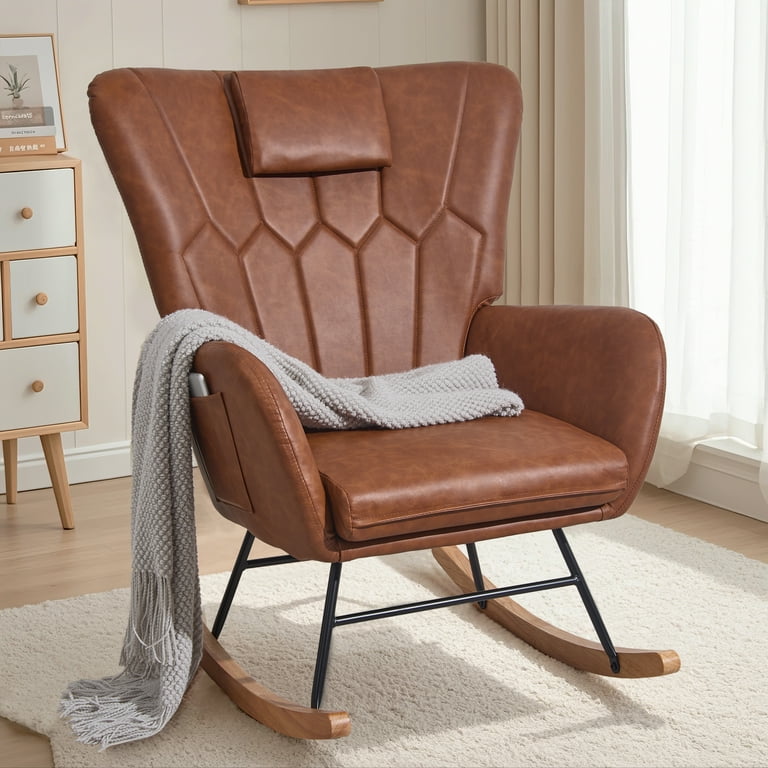 VECELO Rocking Chair Faux Leather Upholstered Nursery Chair, High