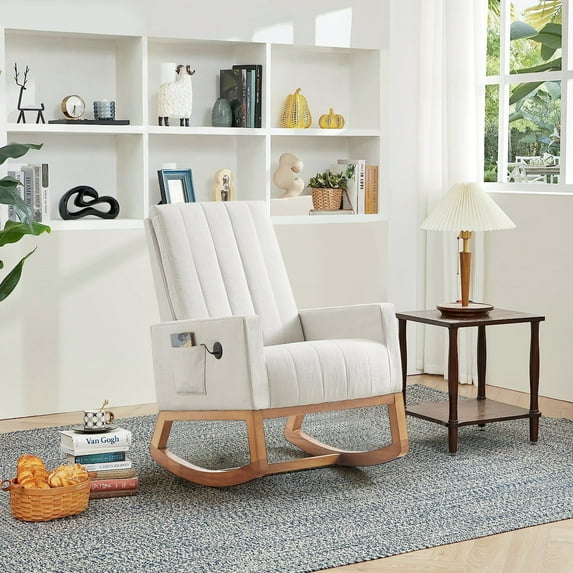 VECELO Rocking Chair Upholstered Linen Fabric Nursery Chair with Dual USB Ports and Storage Pockets, White