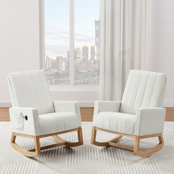 VECELO Rocking Chair Set of 2, Mid Century Nursery Chair with Side Pocket and USB Ports, Linen Fabric Single Sofa Chair, Balcony Lazy Sofa Rocker Chair, Padded Armchair, White