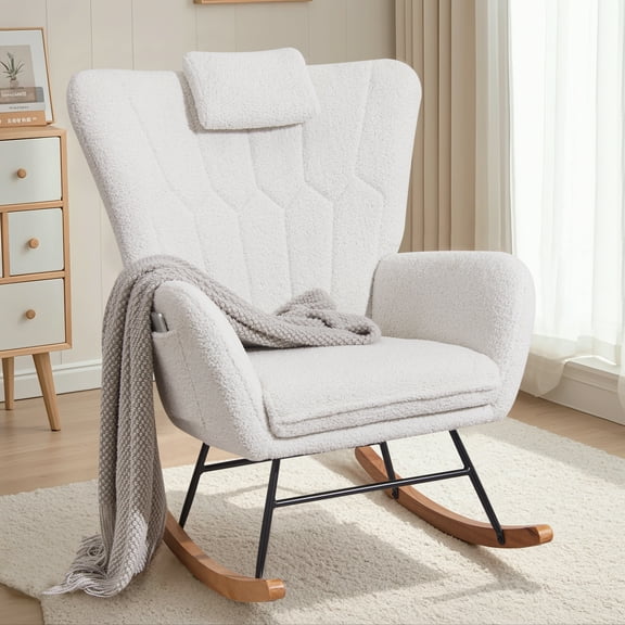 VECELO Rocking Chair Teddy Fabric Upholstered Nursery Chair, High Backrest Glider Accent Chair with Headrest, White