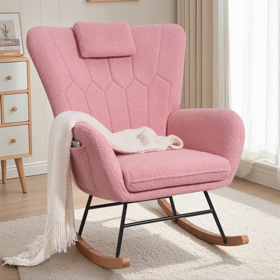 VECELO Rocking Chair Teddy Fabric Upholstered Nursery Chair, High Backrest Glider Accent Chair with Headrest, Pink
