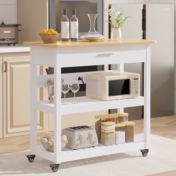 VECELO Rolling Kitchen Island Cart with Drawer & Power Outlet, Microwave Oven Stand with 3 Shelves and Worktop, White