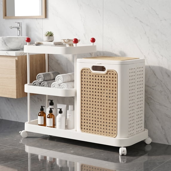 VECELO Rolling Laundry Basket Cart with Wheels & Storage Shelves, Removable Foldable Laundry Hamper, Space Saving Laundry Organizer for Bathroom, Bedroom & Small Apartment, White