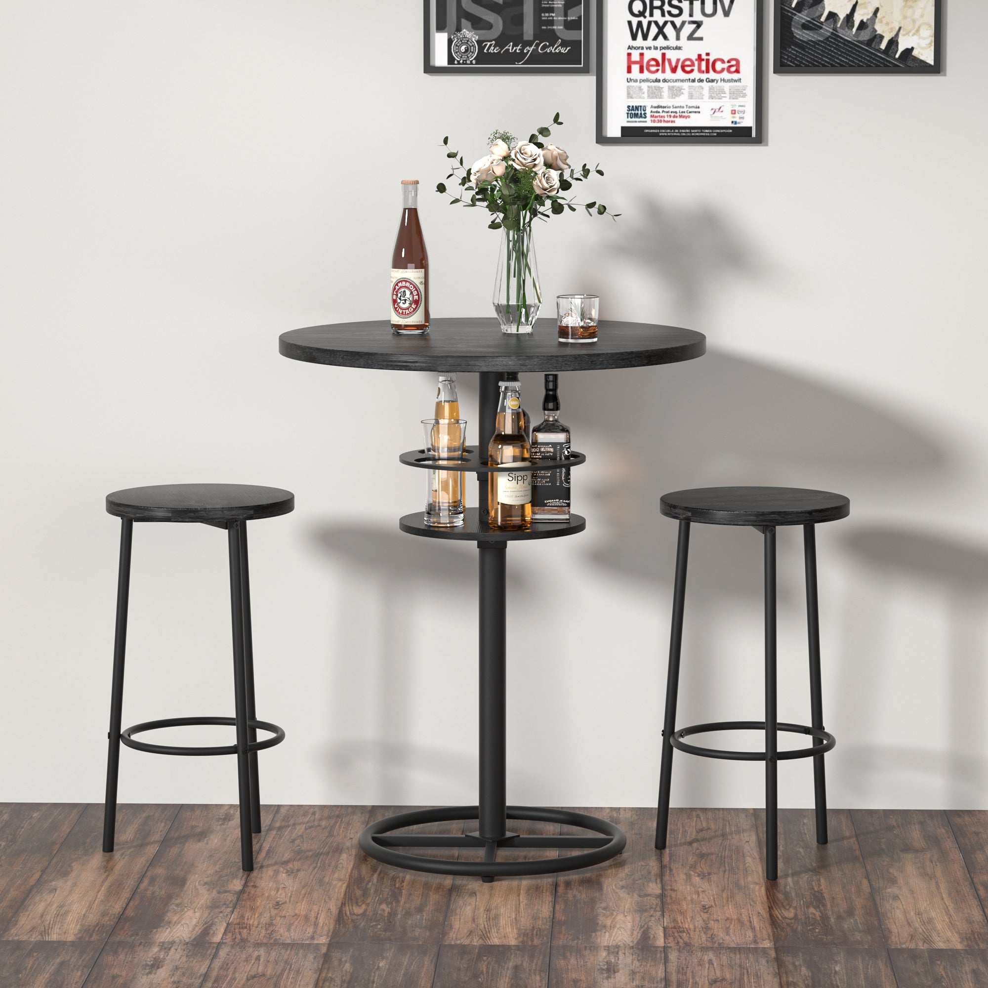 Cafe Table Rack VECELO Round Bar Table, Built-in Wine Rack, Wooden Top, Sturdy Metal ...