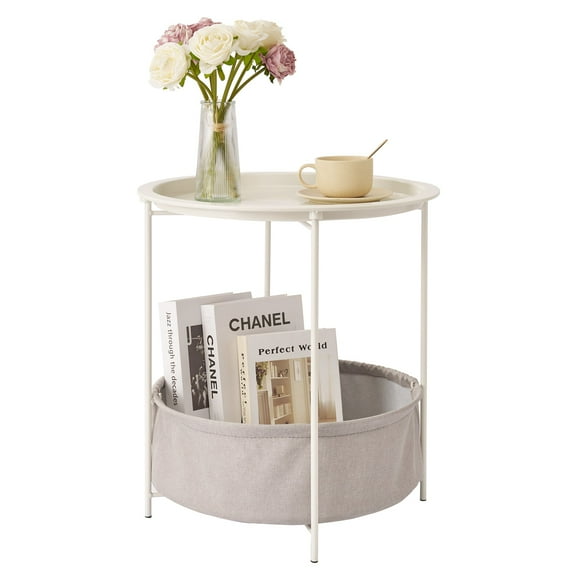 VECELO Round Side Table with Storage, Metal Small Nightstand with Removable Tray Top and Fabric Storage Basket for Living Room, Bedroom, Nursery, Laundry, Gray