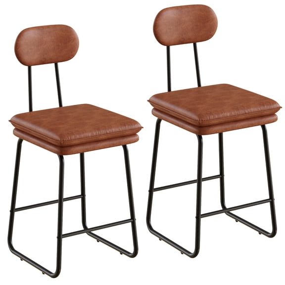 VECELO Saddle Brown Mid Back Bar Stools Set of 2, Faux Leather Upholstered Counter Height Stools with Supportive Backrest & Footrest and Friendly Foot Pads, for Kitchen Island
