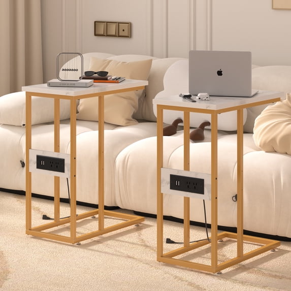 VECELO Set of 2 C Shaped End Table with Charging Station, Small Side Tables C Couch Table for Living Room, Bedroom, Sofa Table with USB Ports and Outlets for Small Spaces, Gold