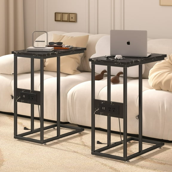 VECELO Set of 2 C Shaped End Table with Charging Station, Small Side Tables C Couch Table for Living Room, Bedroom, Sofa Table with USB Ports and Outlets for Small Spaces, Marble Black