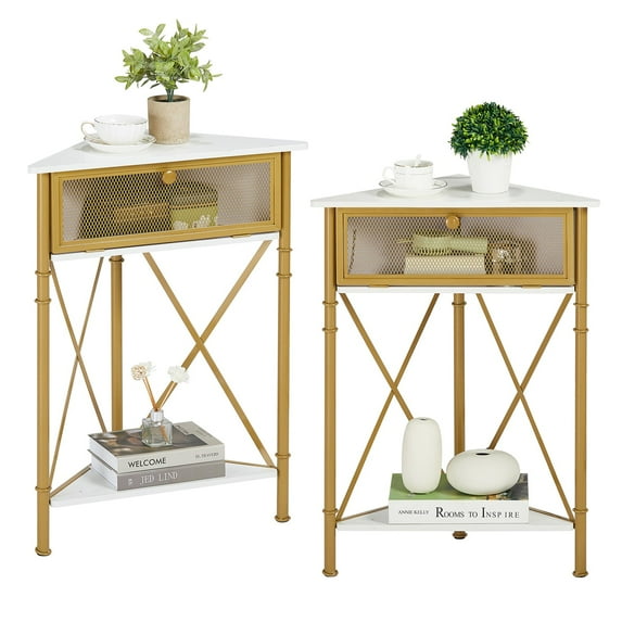 VECELO Set of 2 Corner Storage Cabinet with Flip Drawer and Shelf, Triangle Freestanding Floor Cabinet for Kitchen, Living Room and Hall, White + Gold Frame