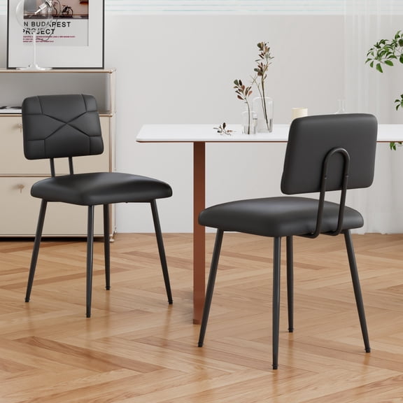 VECELO Set of 2 Dining Chairs, Upholstered Mid Century Modern Kitchen Accent Chairs with Faux Leather Cushion Seat & Metal Legs for Home Office, Living Room, Black