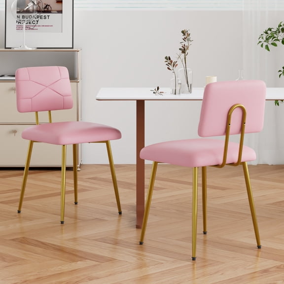 VECELO Set of 2 Dining Chairs, Upholstered Mid Century Modern Kitchen Accent Chairs with Faux Leather Cushion Seat & Metal Legs for Home Office, Living Room, Pink