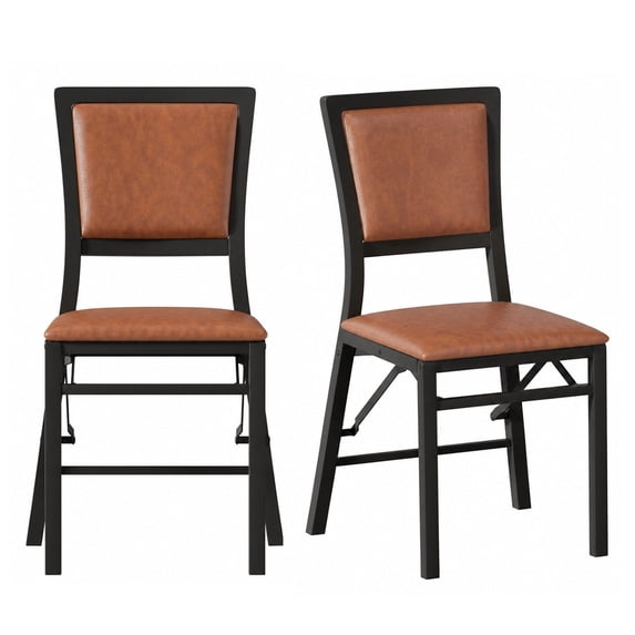 VECELO Set of 2 Metal Folding Chairs, High Back PU Upholstered Dining Chairs with Metal Frame, Modern Style Folding Chairs for Kitchen, Dining Room, Space Saving Design, Brown