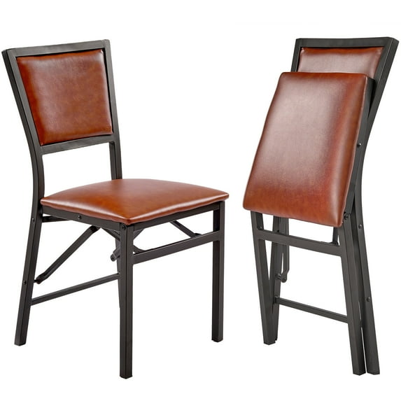 VECELO Set of 2 Metal Folding Chairs, High Back PU Upholstered Dining Chairs with Metal Frame, Modern Style Folding Chairs for Kitchen, Dining Room, Space Saving Design, Brown