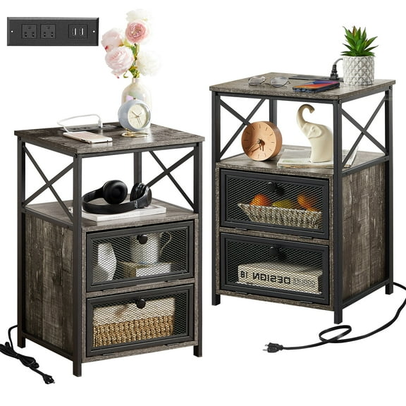 VECELO Set of 2 Nightstand with Charging Station & 2 Flip Drawers, Sofa Side End Table for Bedroom, Living Room, 2 USB Ports & 2 Power Outlet, Old School