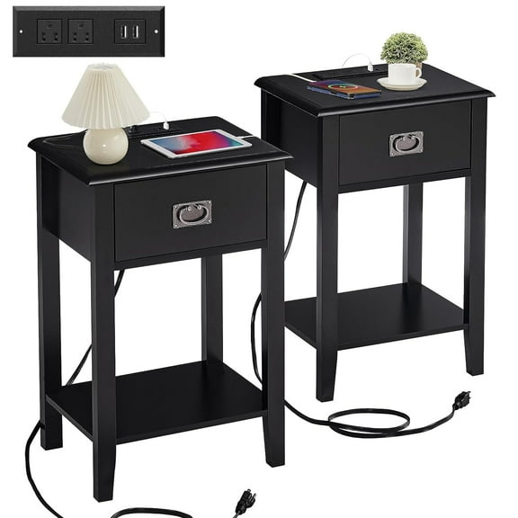 VECELO Set of 2 Nightstand with Charging Station, Wood Night Stand with USB Ports and Outlets, 1 Storage Drawers, End Table Side Table for Bedroom/Living Room, Black