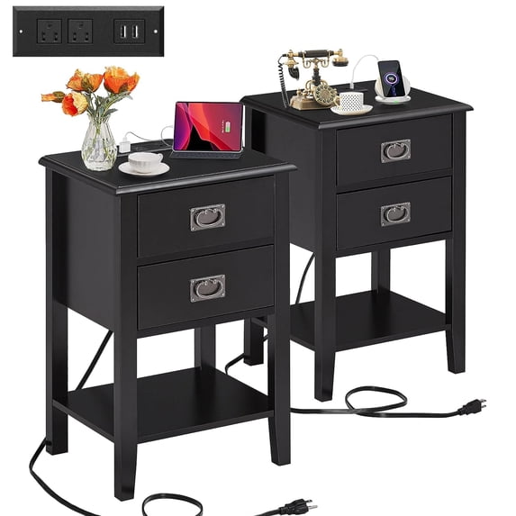 VECELO Set of 2 Nightstand with Charging Station, Wood Night Stand with USB Ports and Outlets, 2 Storage Drawers, End Table Side Table for Bedroom/Living Room, Black