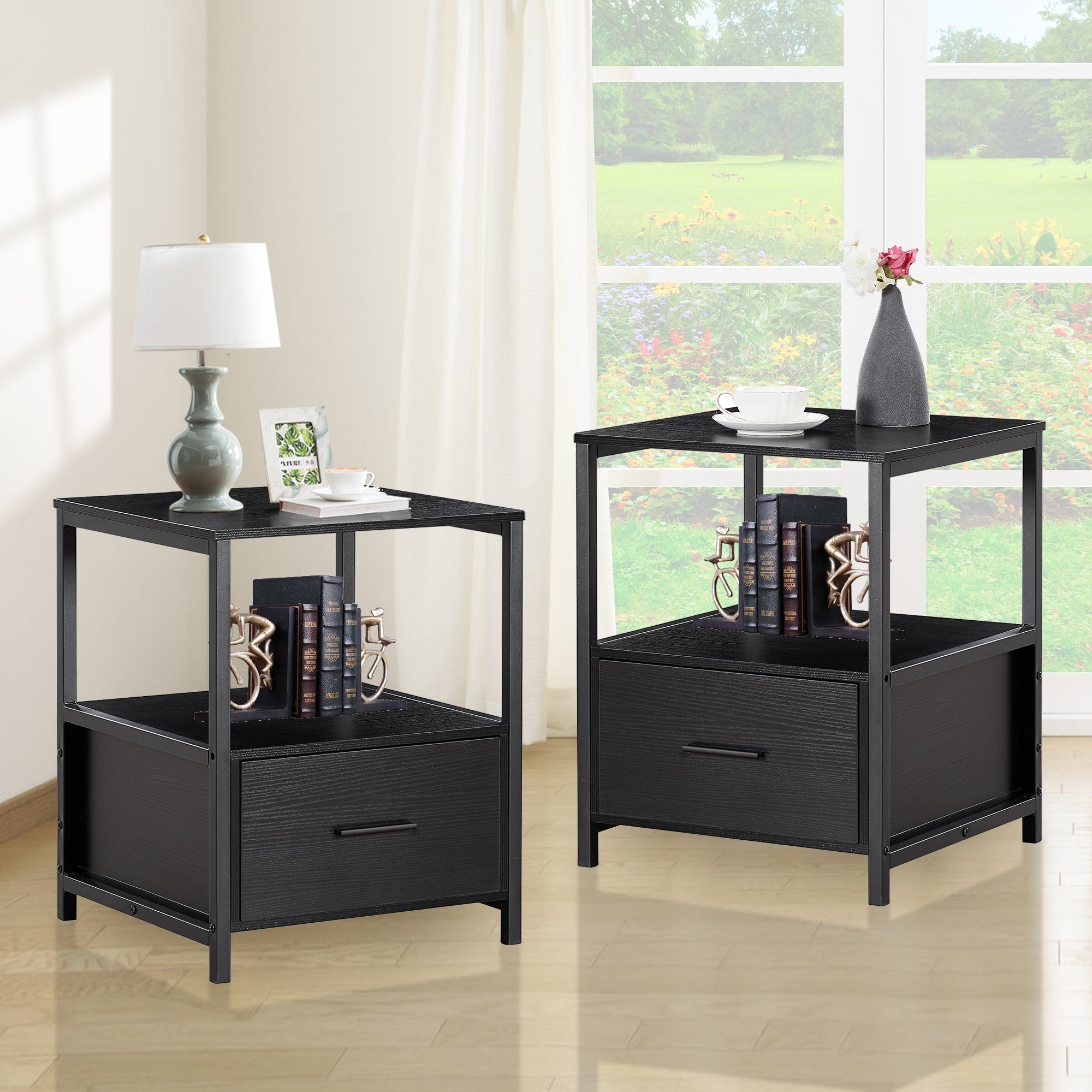 VECELO Set of 2 Nightstand with Drawer Square End Side Table for
