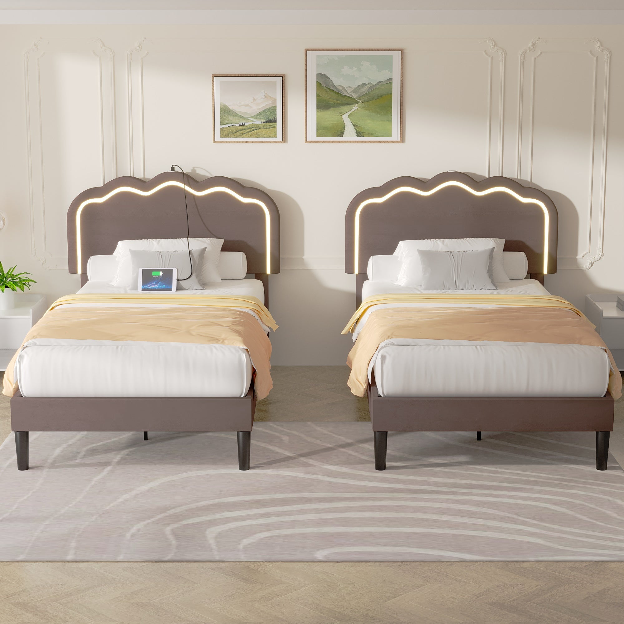 VECELO Set of 2 Twin Bed Frame, LED Upholstered Platform Bed