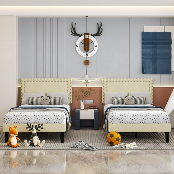 VECELO Set of 2 Twin Size Platform Bed Frame with Height Adjustable Upholstered Headboard, Strong Wood Slat Support, No Box Spring Needed, Easy To Assemble, Beige