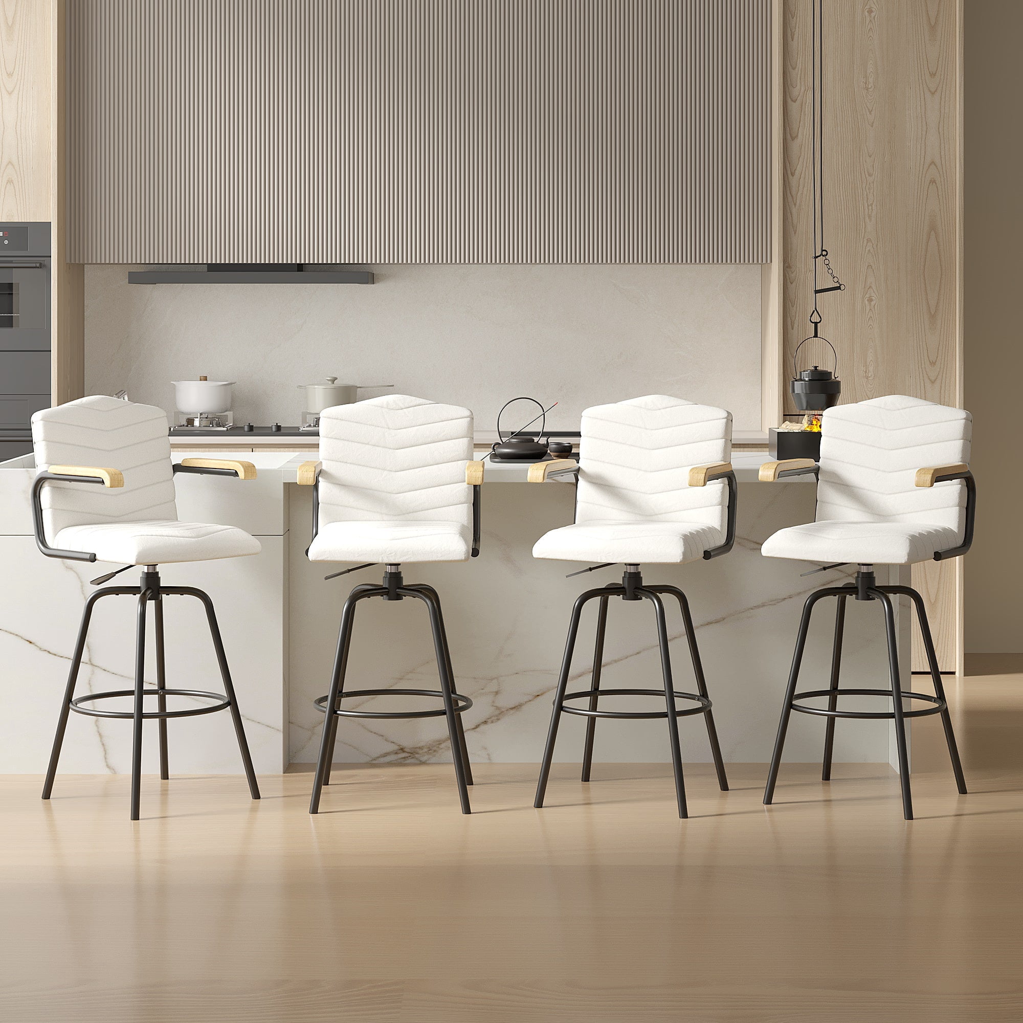 VECELO Set of 4 Counter Height Swivel Bar Stools with Back and Armrest, Modern Velvet Upholstered Bar Chairs for Kitchen Island, Steel Stool Frame, Beige