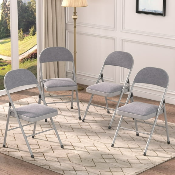 VECELO Set of 4 Folding Chairs, Fabric Dining Chair Set with Padded Cushion and Back, Indoor Outdoor Upholstered Seat with Metal Frame for Home Office Events Wedding Party, Dark Gray