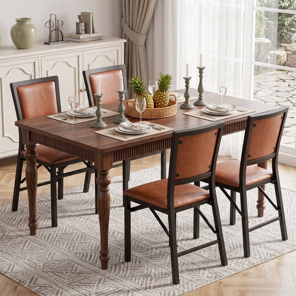 VECELO Set of 4 Metal Folding Chairs, High Back PU Upholstered Dining Chairs with Metal Frame, Modern Style Folding Chairs for Kitchen, Dining Room, Space Saving Design, Brown