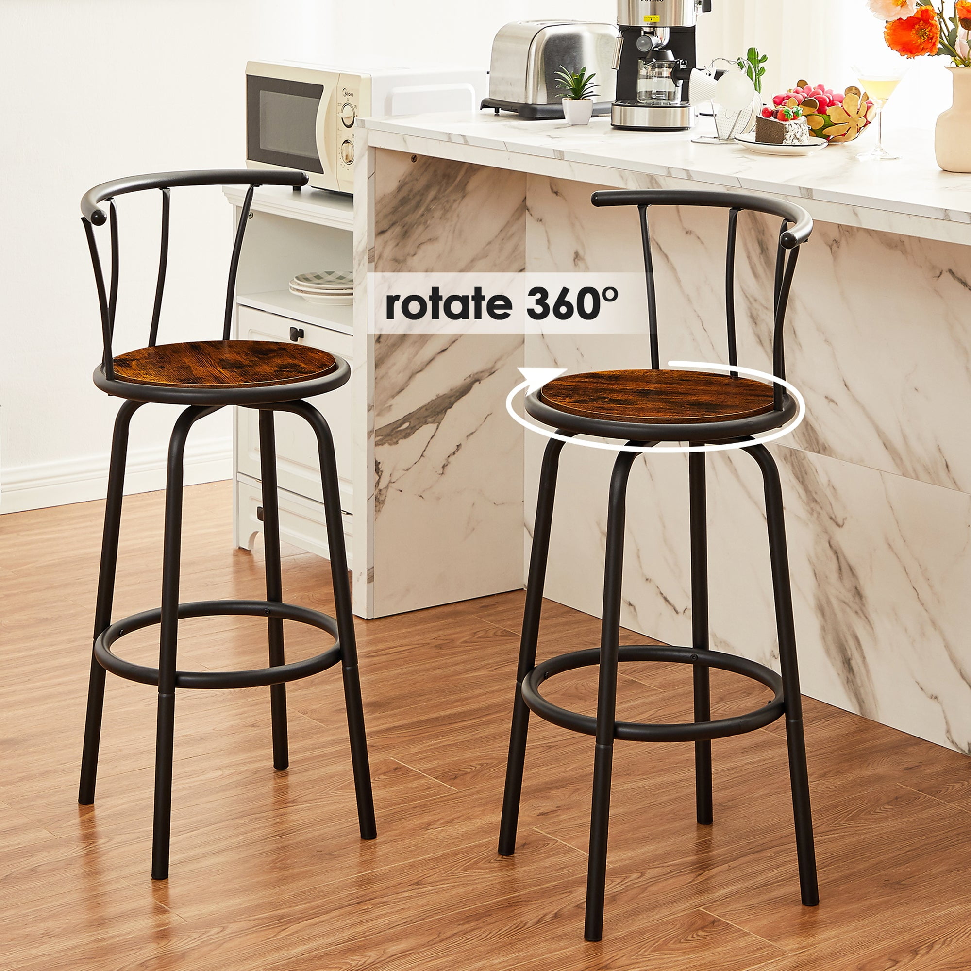 VECELO Set of 2 Bar Stools, Swivel Round Wood Metal Counter Height Bar
