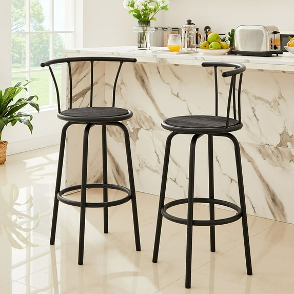 VECELO Set of 2 Bar Stools, Swivel Round Wood Metal Counter Height Bar Stools with Arc-Shaped Backrest, Charcoal Gray