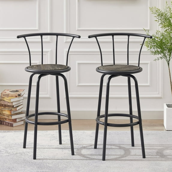 VECELO Set of 2 Bar Stools, Swivel Round Wood Metal Counter Height Bar Stools with Arc-Shaped Backrest, Old School