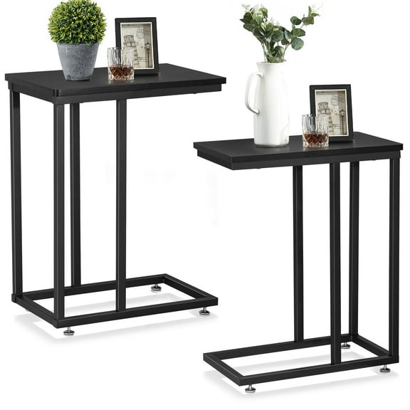 VECELO Set of 2 C-Shaped Sofa Side Table, Small End Table for Living Room, Narrow Bedside/TV Tray Table, Black