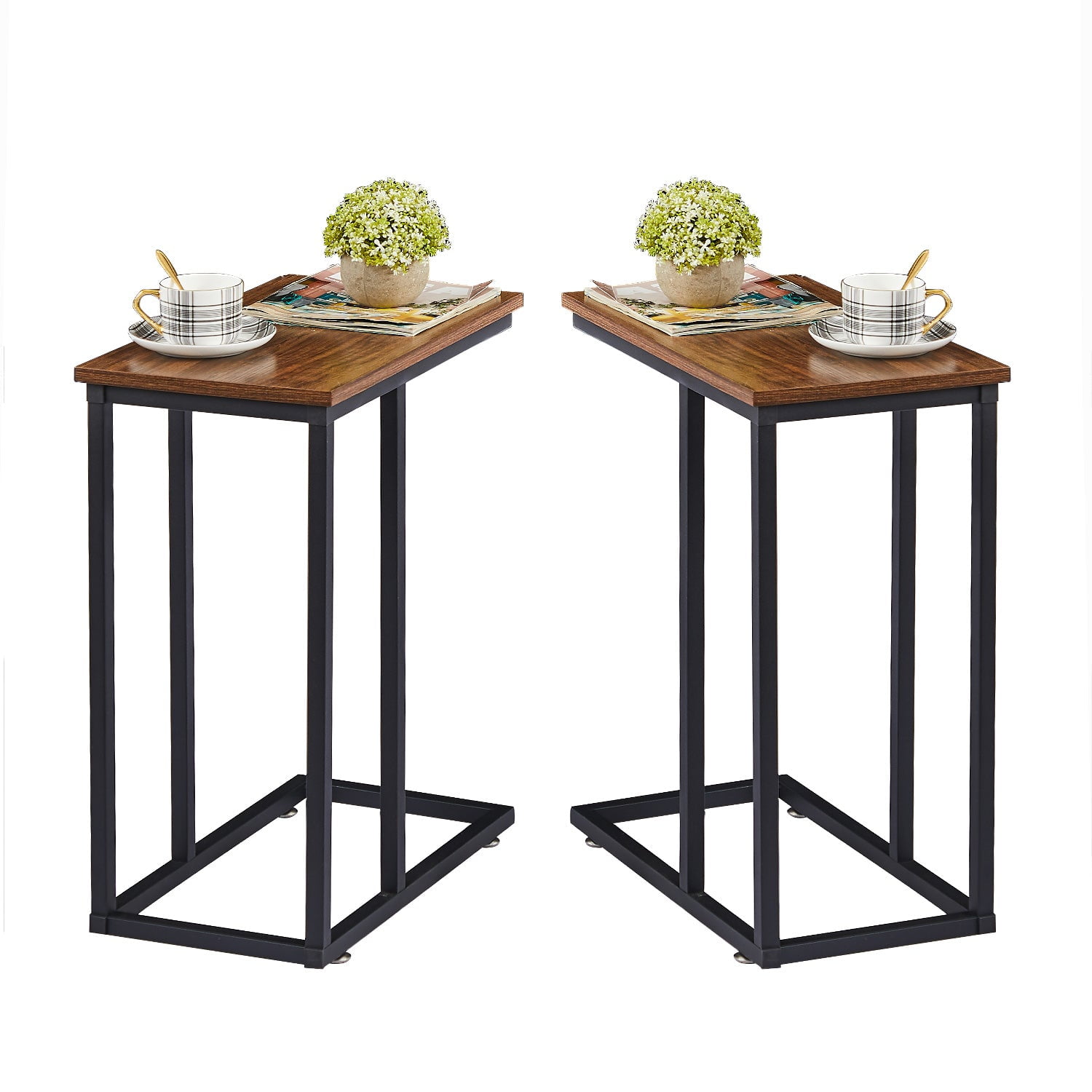 VECELO Set of 2 C-Shaped Sofa Side Table, Wood Narrow End Table with ...