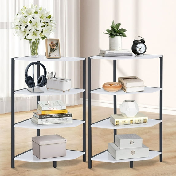 VECELO Set of 2 Corner Shelf, 4-Tier Corner Bookshelf Small Bookcase Display Rack Plant Stand, White