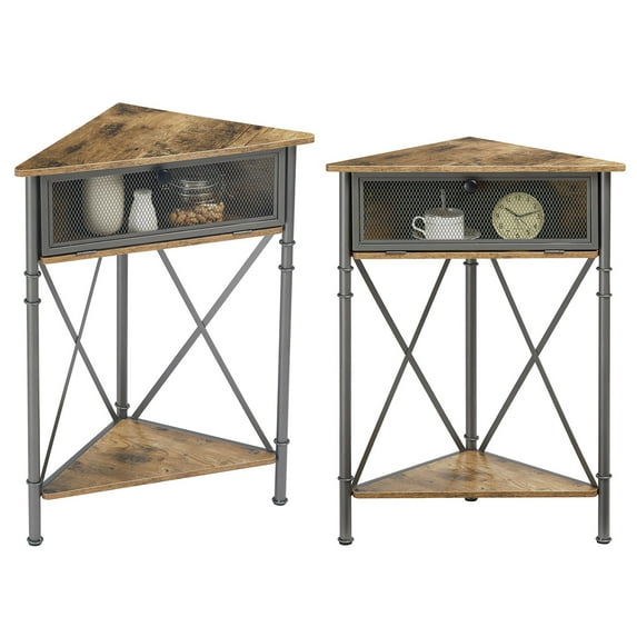 VECELO Set of 2 Corner Storage Cabinet with Flip Drawer and Shelf, Triangle Freestanding Floor Cabinet for Kitchen, Living Room and Hall, Gray