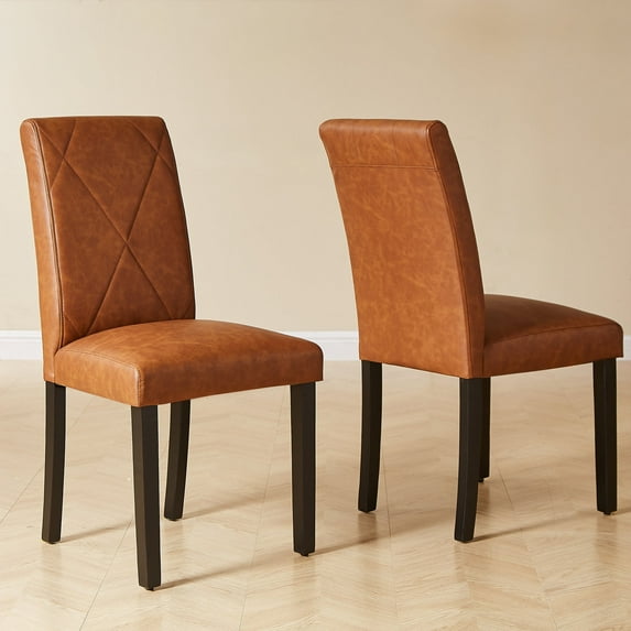 VECELO Set of 2 Dining Chairs, Upholstered PU Leather Dining Room Chair with High Back, Modern Parsons Chair for Kitchen, Brown