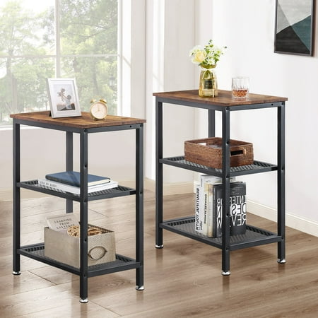 VECELO Set of 2 End Table, 3-Tier Storage Shelf Industrial Nightstand Bedside Sofa Side Table, Brown