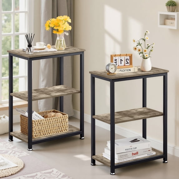 VECELO Set of 2 End Table with Storage Shelf, 3-Tier Nightstand Sofa Side Table for Bedroom Living Room Hallway Bathroom Kitchen, Gray