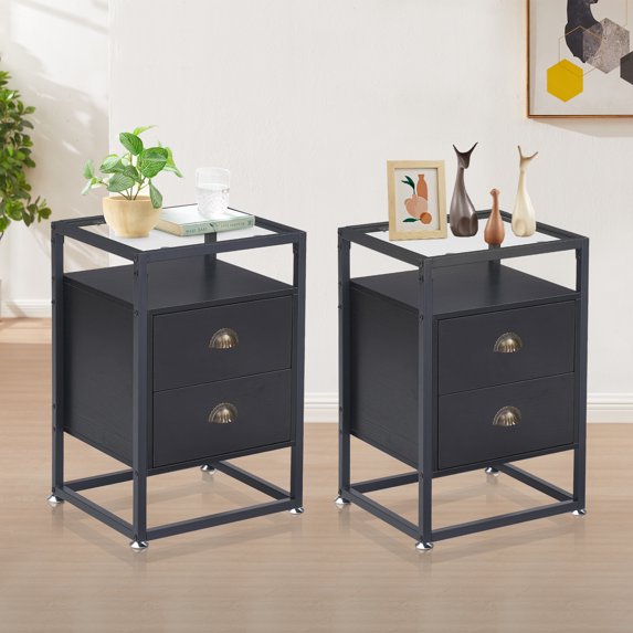 VECELO Set of 2 Glass Top Nightstand with 2-Drawer, Modern Side End Table with Open Storage Shelf for Bedroom Living Room Office, Black