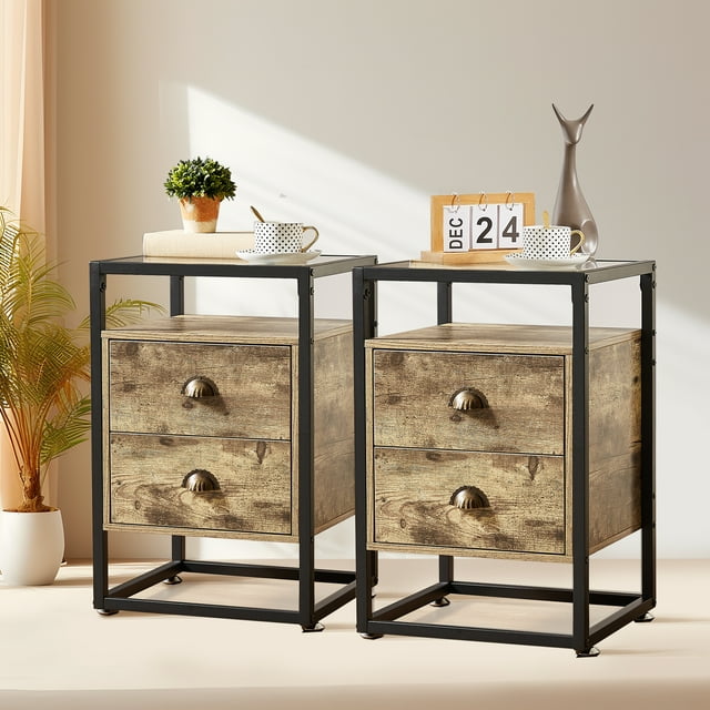 VECELO Set of 2 Glass Top Nightstand with 2Drawer, Modern Side End