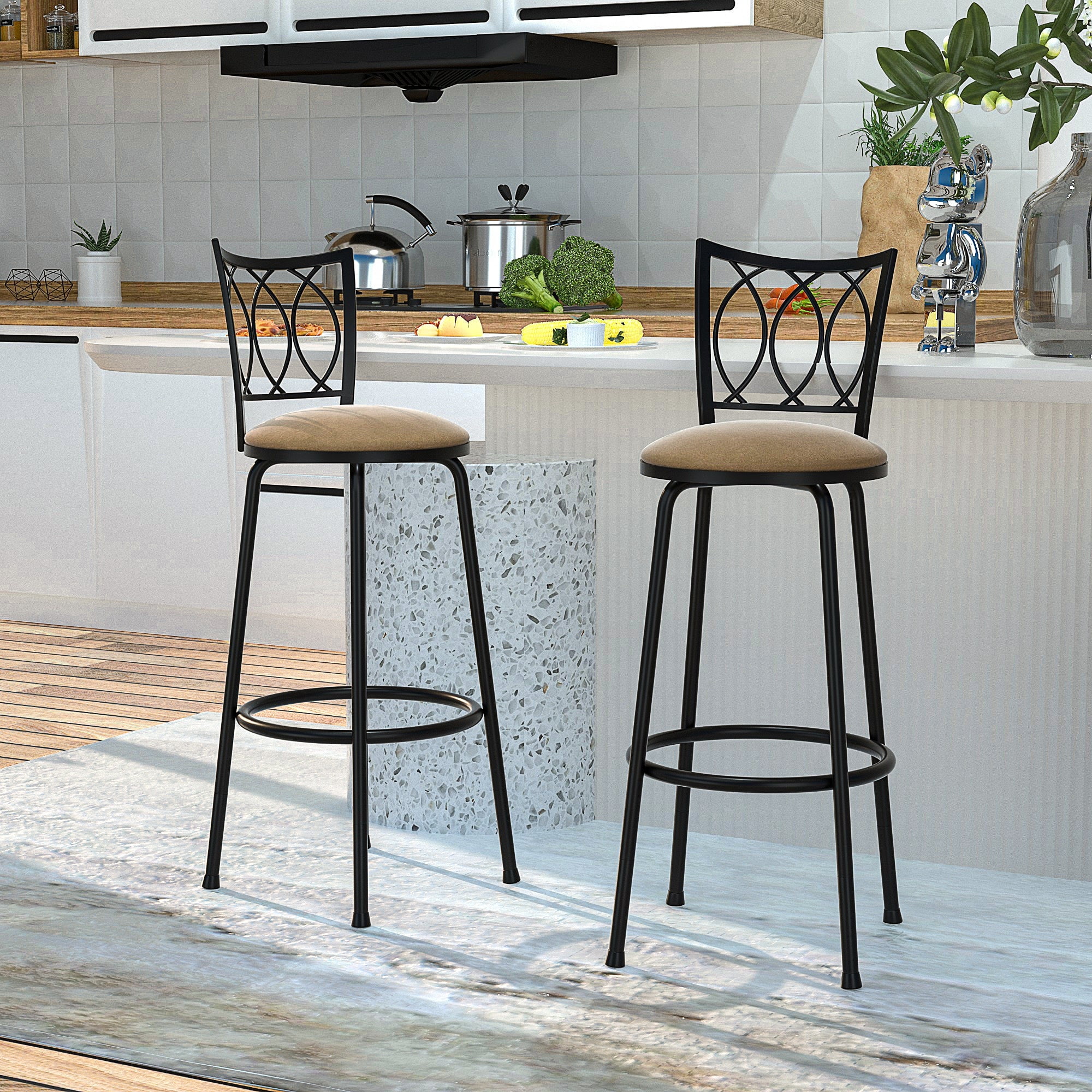 VECELO Set Of 2 Adjustable Swivel Bar Stools - PU Leather With Back & Arms, For Kitchen Island, White