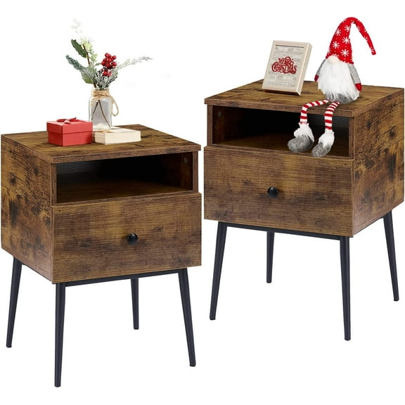 VECELO Set of 2 Mid-Century Nightstand with Drawer, Modern Side End Table with Cubby Space for Bedroom/Living Room/Office, Brown